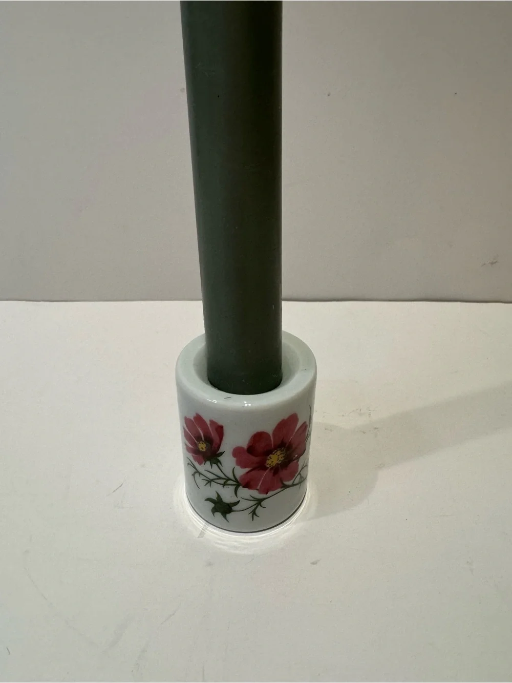Vintage Porcelain Taper Candle Holder with Pink Floral Motif
